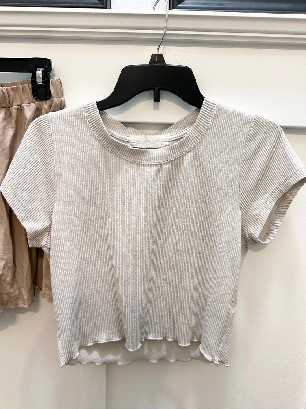 Neutral Ribbed Top & Drawstring Shorts Skort Outfit set Khaki Beige Tan Mediium